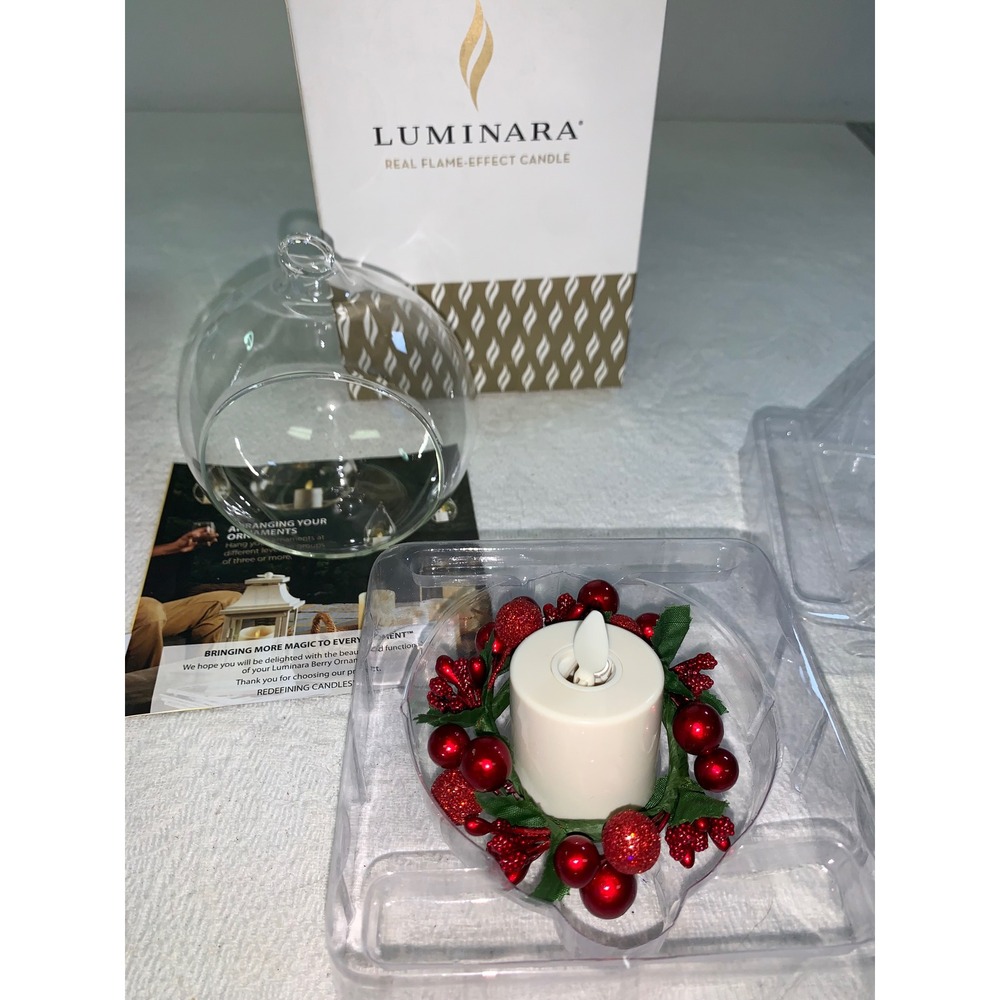 Luminara Real Flame-Effect Candle Berry Ornament Glass Globe Votive Timer CR2450